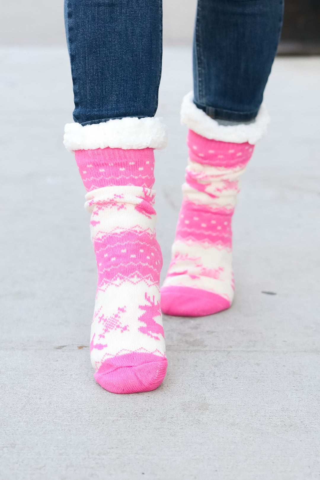 Hot Pink Reindeer Sherpa Traction Bottom Slipper Socks-Bloom 2023 Winter Sale-One Size Fits All-[option4]-[option5]-[option6]-[option7]-[option8]-Shop-Boutique-Clothing-for-Women-Online