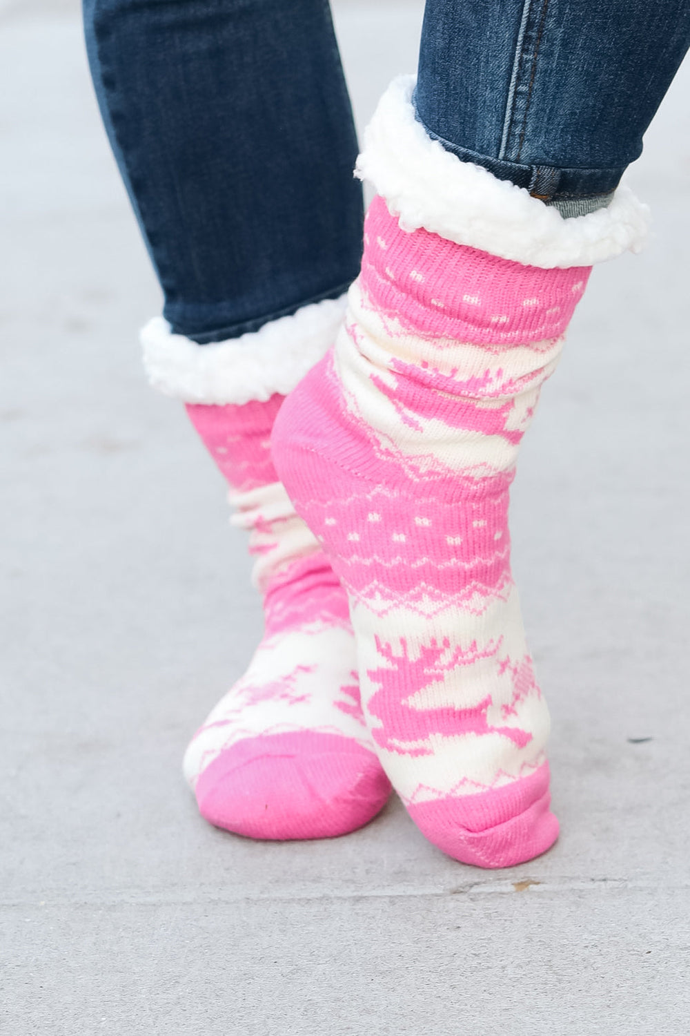 Hot Pink Reindeer Sherpa Traction Bottom Slipper Socks-Bloom 2023 Winter Sale-One Size Fits All-[option4]-[option5]-[option6]-[option7]-[option8]-Shop-Boutique-Clothing-for-Women-Online