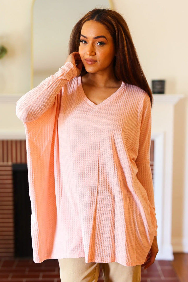 All For Love Peach Waffle Knit V Neck Dolman Top-Red Lolly-[option4]-[option5]-[option6]-[option7]-[option8]-Shop-Boutique-Clothing-for-Women-Online