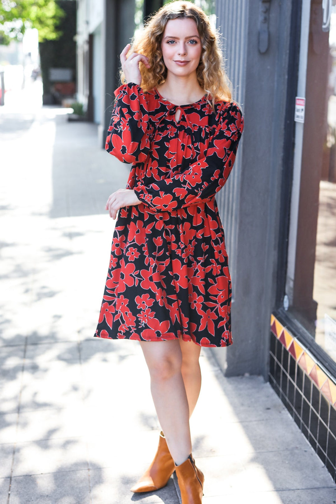 Boldly You Rust & Black Floral Print Front Tie Dress-Haptics-[option4]-[option5]-[option6]-[option7]-[option8]-Shop-Boutique-Clothing-for-Women-Online