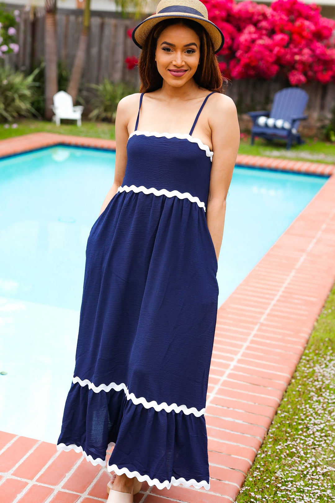 Bold & Sassy Navy Square Neck Ric Rac Trim Adjustable Straps Maxi-Haptics-[option4]-[option5]-[option6]-[option7]-[option8]-Shop-Boutique-Clothing-for-Women-Online