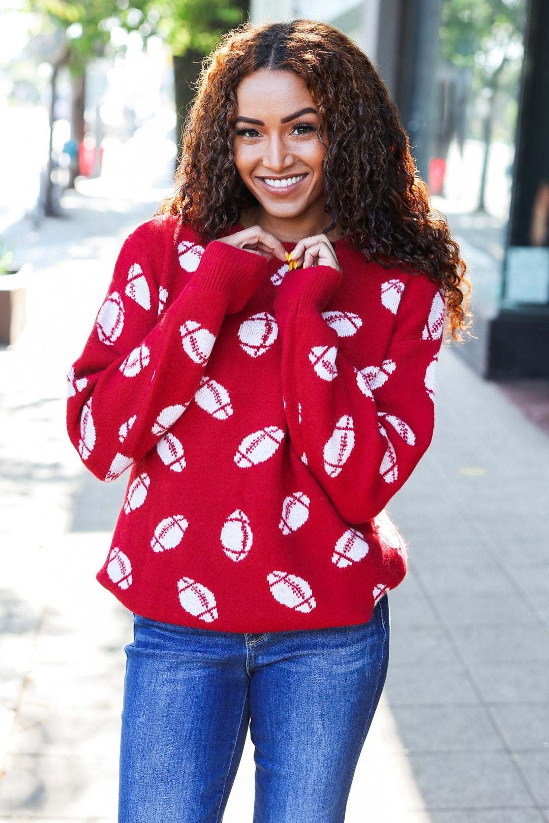 Game Day Red Football Print Jacquard Knit Sweater-Haptics-[option4]-[option5]-[option6]-[option7]-[option8]-Shop-Boutique-Clothing-for-Women-Online