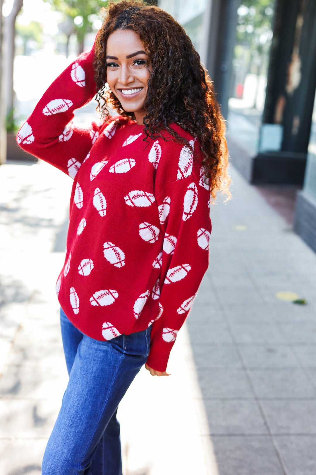 Game Day Red Football Print Jacquard Knit Sweater-Haptics-[option4]-[option5]-[option6]-[option7]-[option8]-Shop-Boutique-Clothing-for-Women-Online