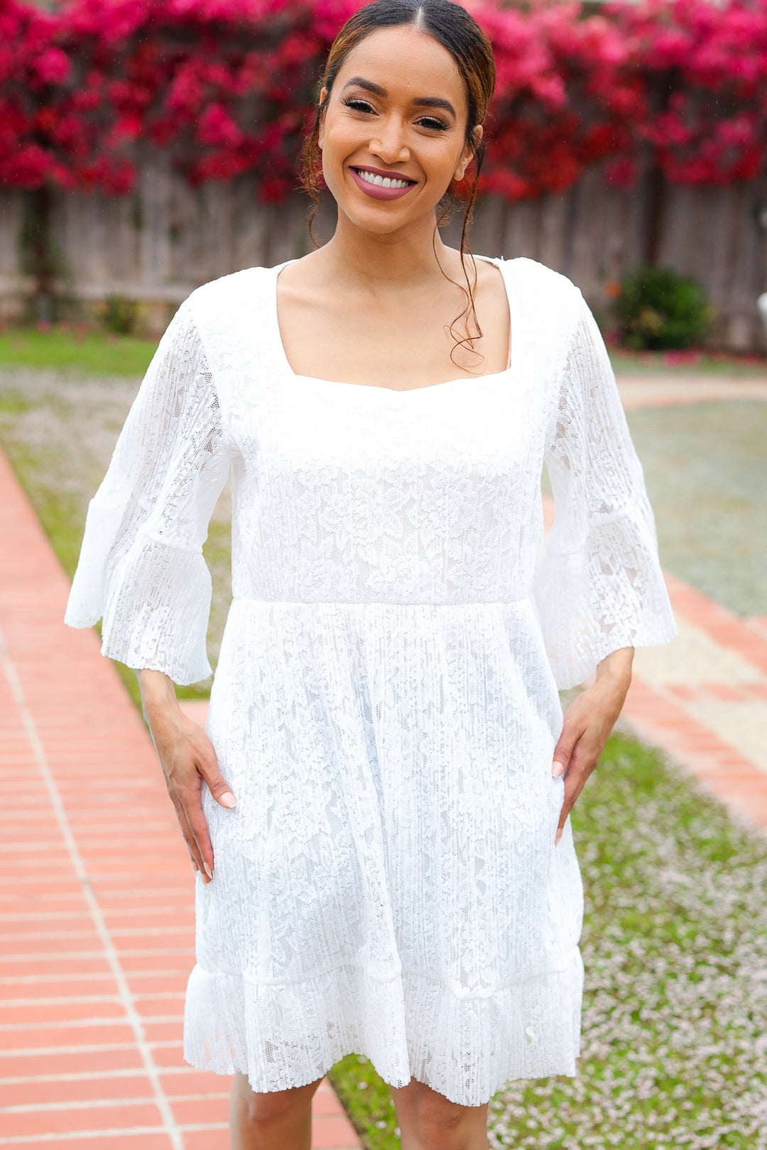 Diva Dreams White Accordion Pleated Lace Square Neck Dress-Sugarfox-[option4]-[option5]-[option6]-[option7]-[option8]-Shop-Boutique-Clothing-for-Women-Online