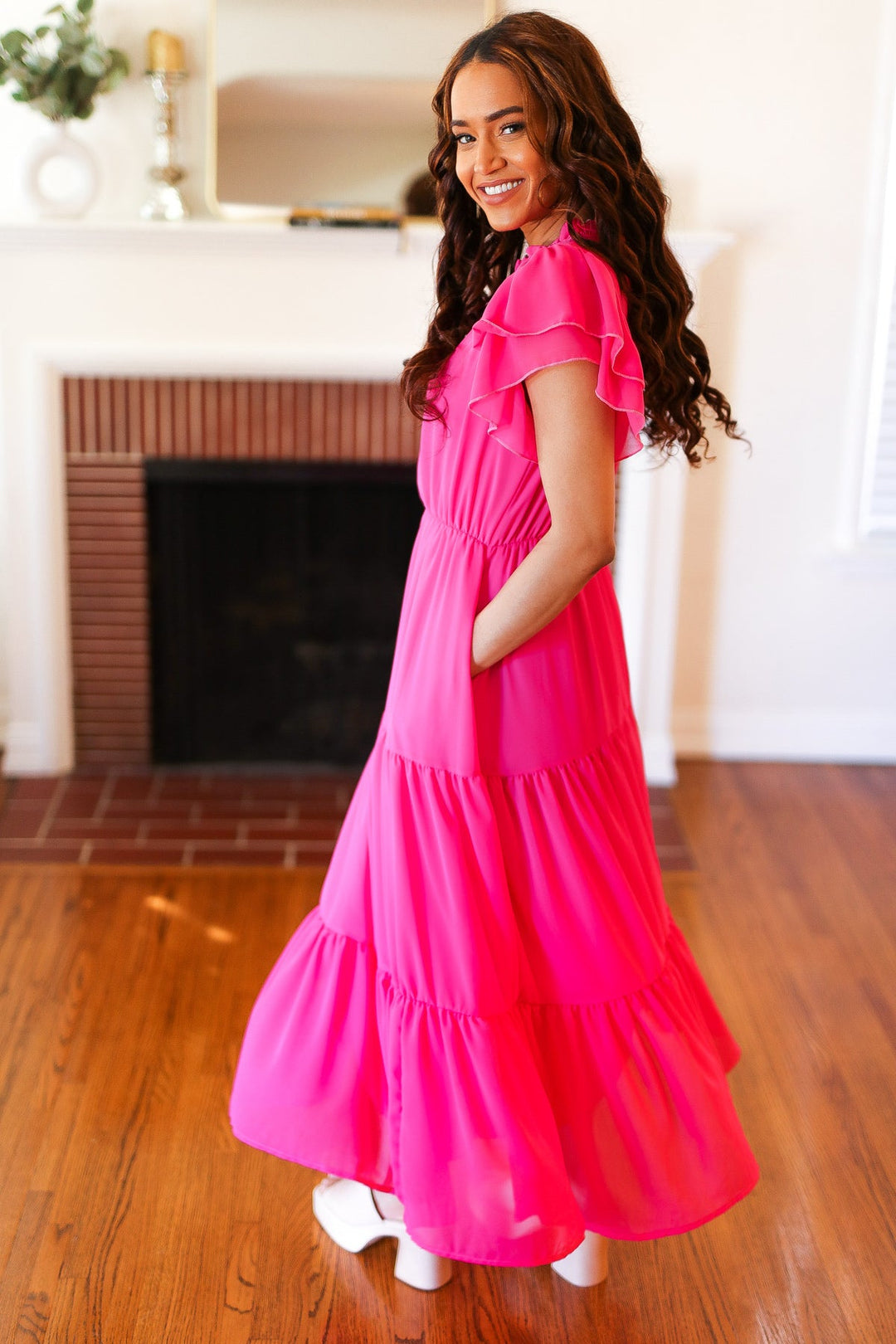 Perfectly You Hot Pink Mock Neck Tiered Chiffon Maxi Dress-Haptics-[option4]-[option5]-[option6]-[option7]-[option8]-Shop-Boutique-Clothing-for-Women-Online