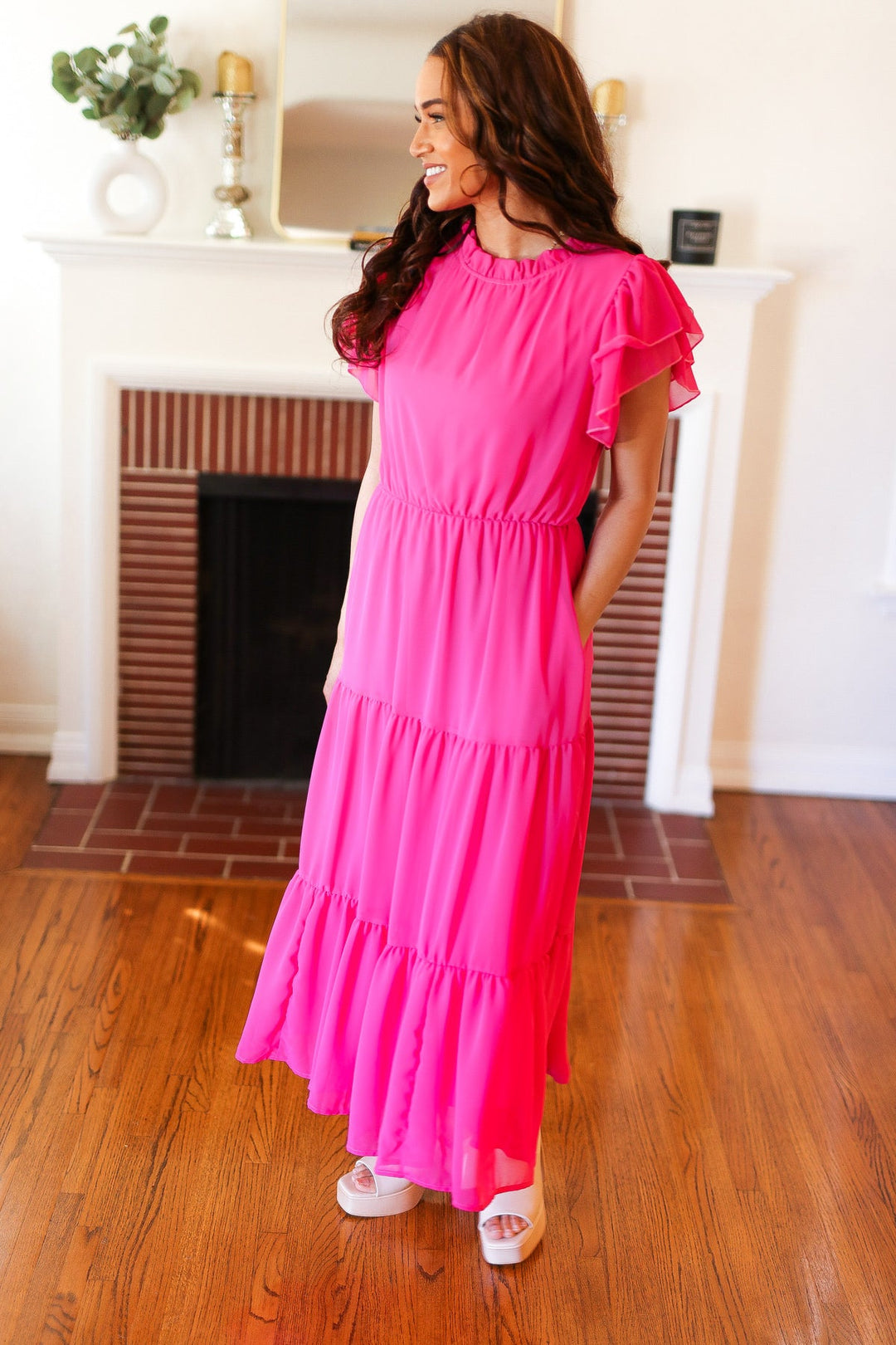 Perfectly You Hot Pink Mock Neck Tiered Chiffon Maxi Dress-Haptics-[option4]-[option5]-[option6]-[option7]-[option8]-Shop-Boutique-Clothing-for-Women-Online