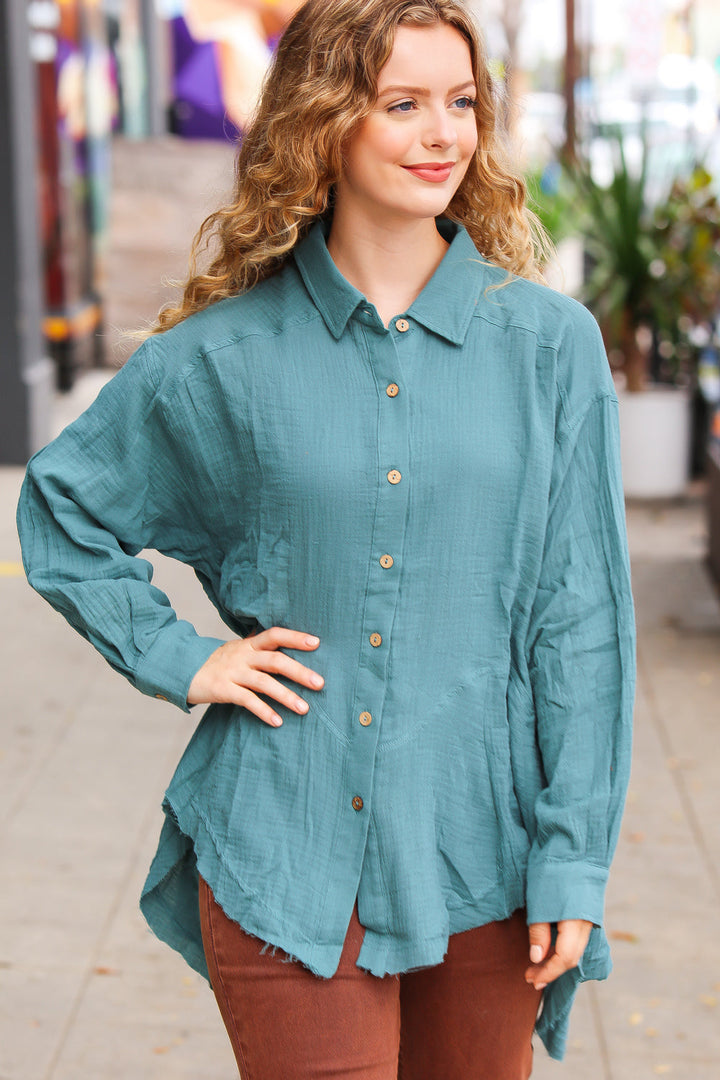 Haptics Feeling Bold Teal Button Down Sharkbite Cotton Tunic Top-Haptics-[option4]-[option5]-[option6]-[option7]-[option8]-Shop-Boutique-Clothing-for-Women-Online