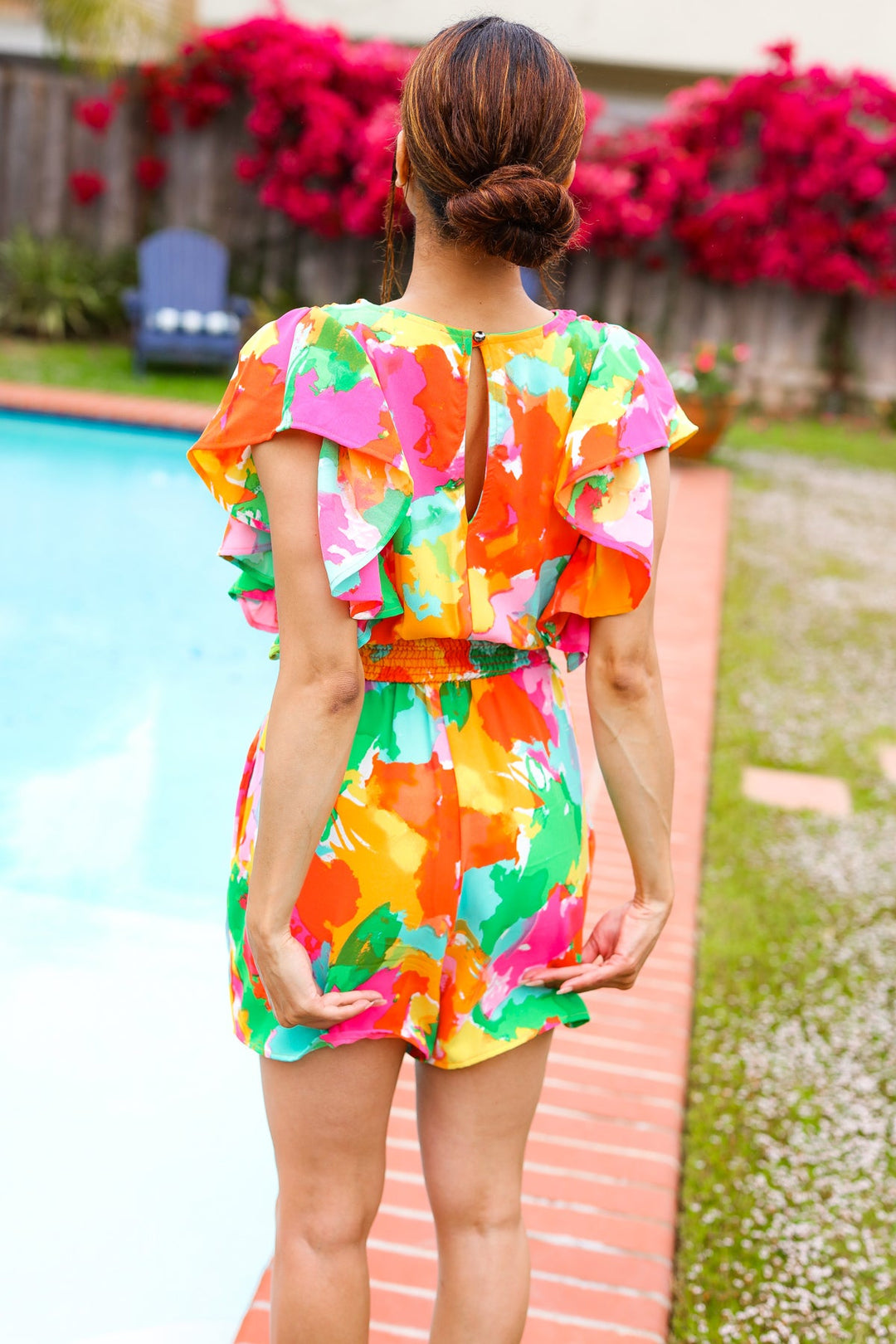 Under The Sun Abstract Floral Smocked Waist V Neck Flutter Sleeve Romper-Haptics-[option4]-[option5]-[option6]-[option7]-[option8]-Shop-Boutique-Clothing-for-Women-Online