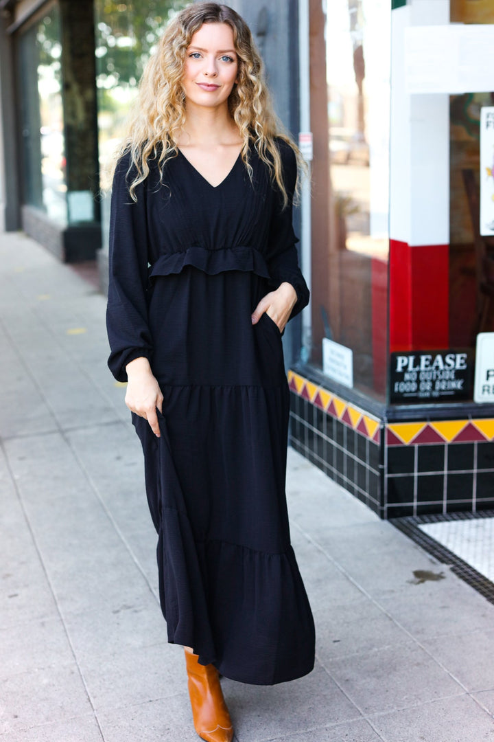 Beautiful You Black Pintuck Detail Frill V Neck Maxi Dress-Haptics-[option4]-[option5]-[option6]-[option7]-[option8]-Shop-Boutique-Clothing-for-Women-Online