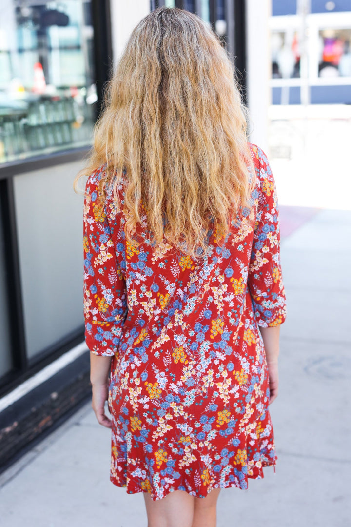 Spread Joy Rust Ruffle Floral Hem 3/4 Slit Sleeve Dress-Beeson River-[option4]-[option5]-[option6]-[option7]-[option8]-Shop-Boutique-Clothing-for-Women-Online