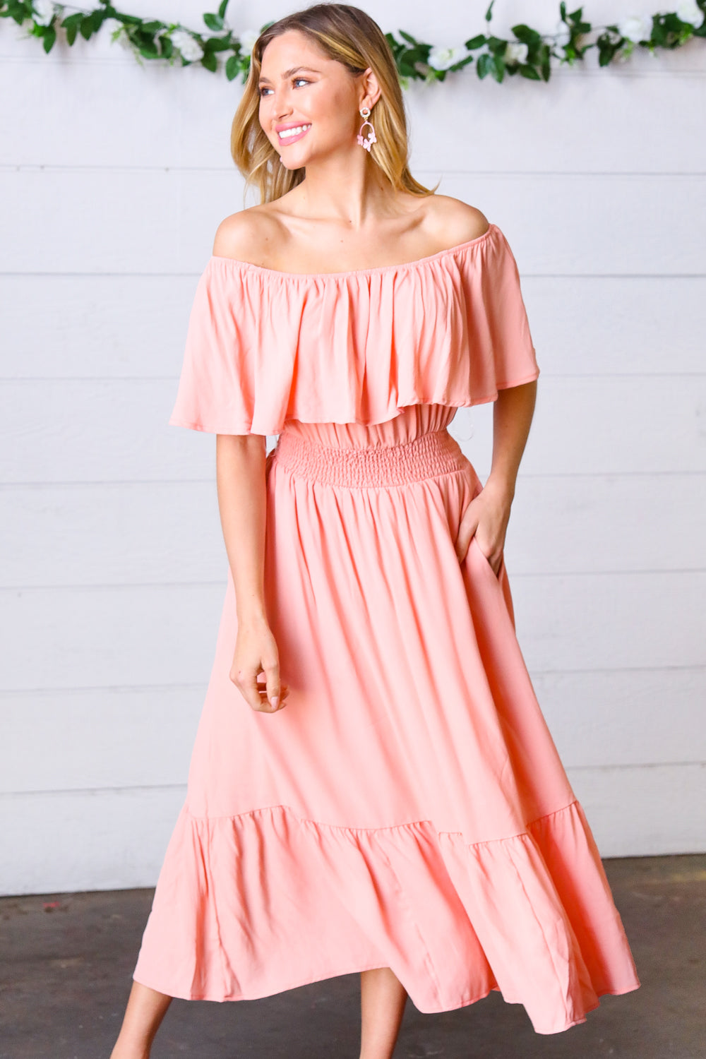 Coral off Shoulder Smocked Waist Ruffle Sleeve Midi Dress-Haptics-[option4]-[option5]-[option6]-[option7]-[option8]-Shop-Boutique-Clothing-for-Women-Online