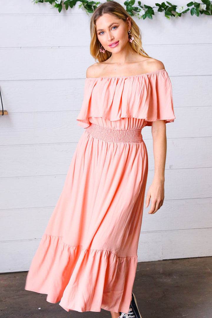 Coral off Shoulder Smocked Waist Ruffle Sleeve Midi Dress-Haptics-[option4]-[option5]-[option6]-[option7]-[option8]-Shop-Boutique-Clothing-for-Women-Online