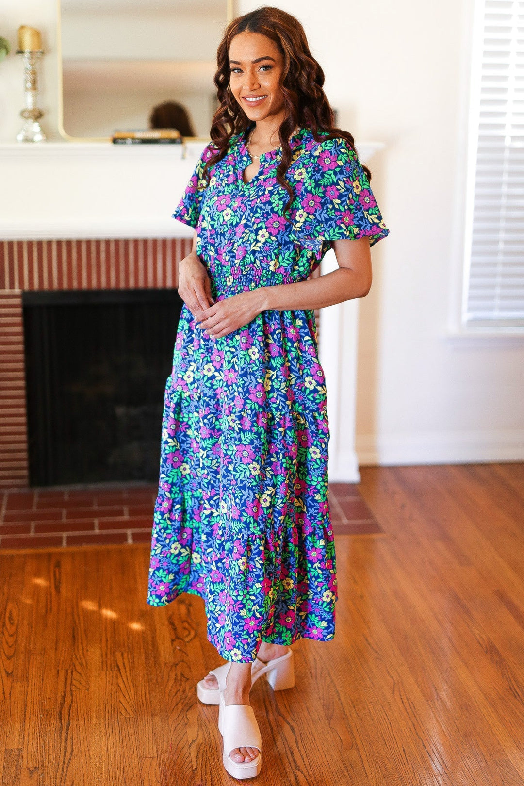 Eyes On You Navy Neon Floral Smocked Waist Maxi Dress-The Bee Chic Boutique-[option4]-[option5]-[option6]-[option7]-[option8]-Shop-Boutique-Clothing-for-Women-Online