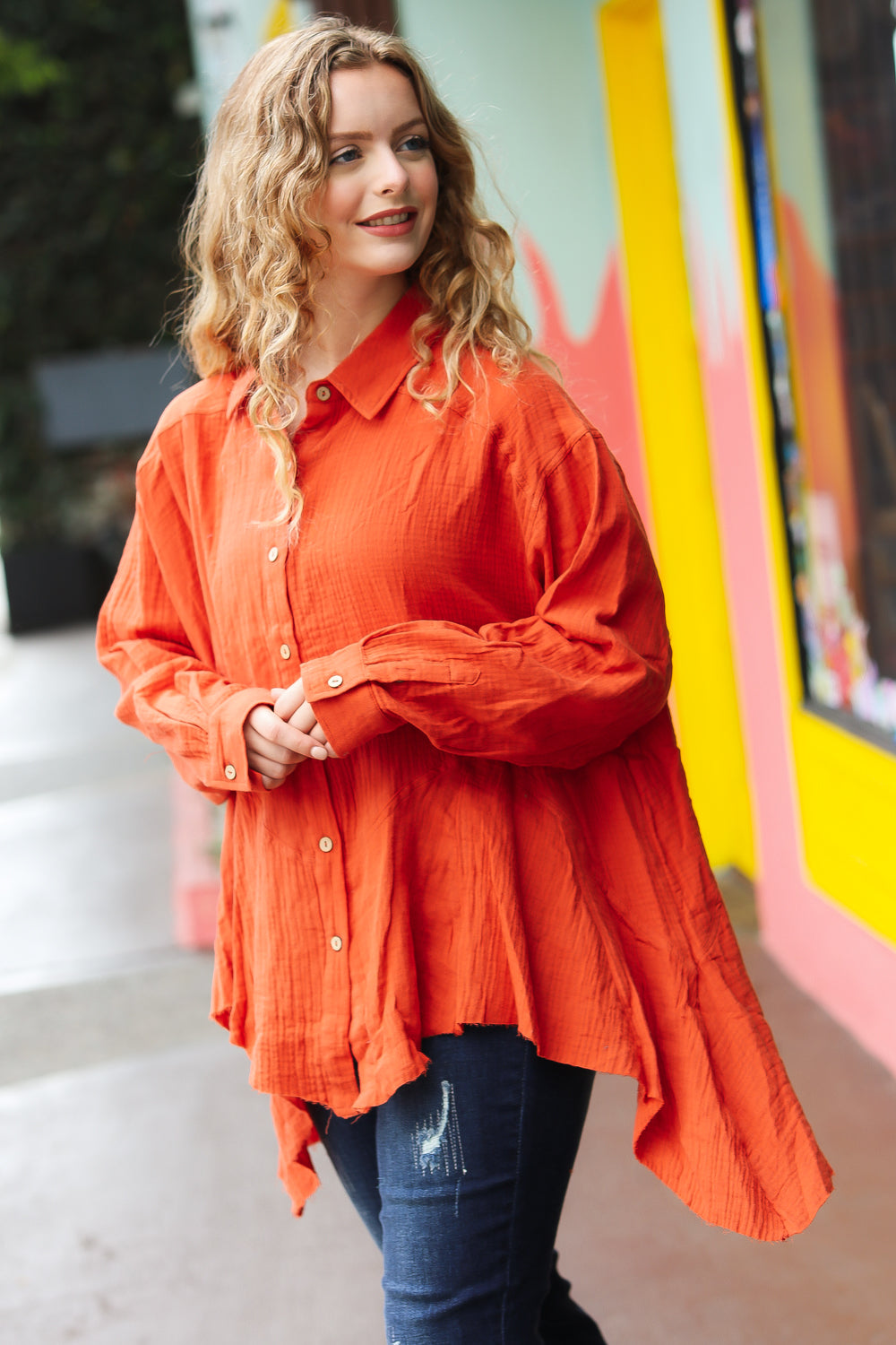 Haptics Feeling Bold Rust Button Down Sharkbite Cotton Tunic Top-Haptics-[option4]-[option5]-[option6]-[option7]-[option8]-Shop-Boutique-Clothing-for-Women-Online