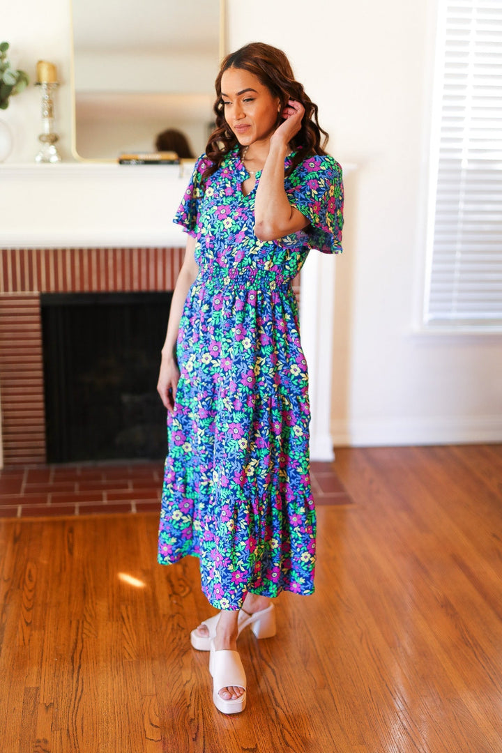 Eyes On You Navy Neon Floral Smocked Waist Maxi Dress-The Bee Chic Boutique-[option4]-[option5]-[option6]-[option7]-[option8]-Shop-Boutique-Clothing-for-Women-Online