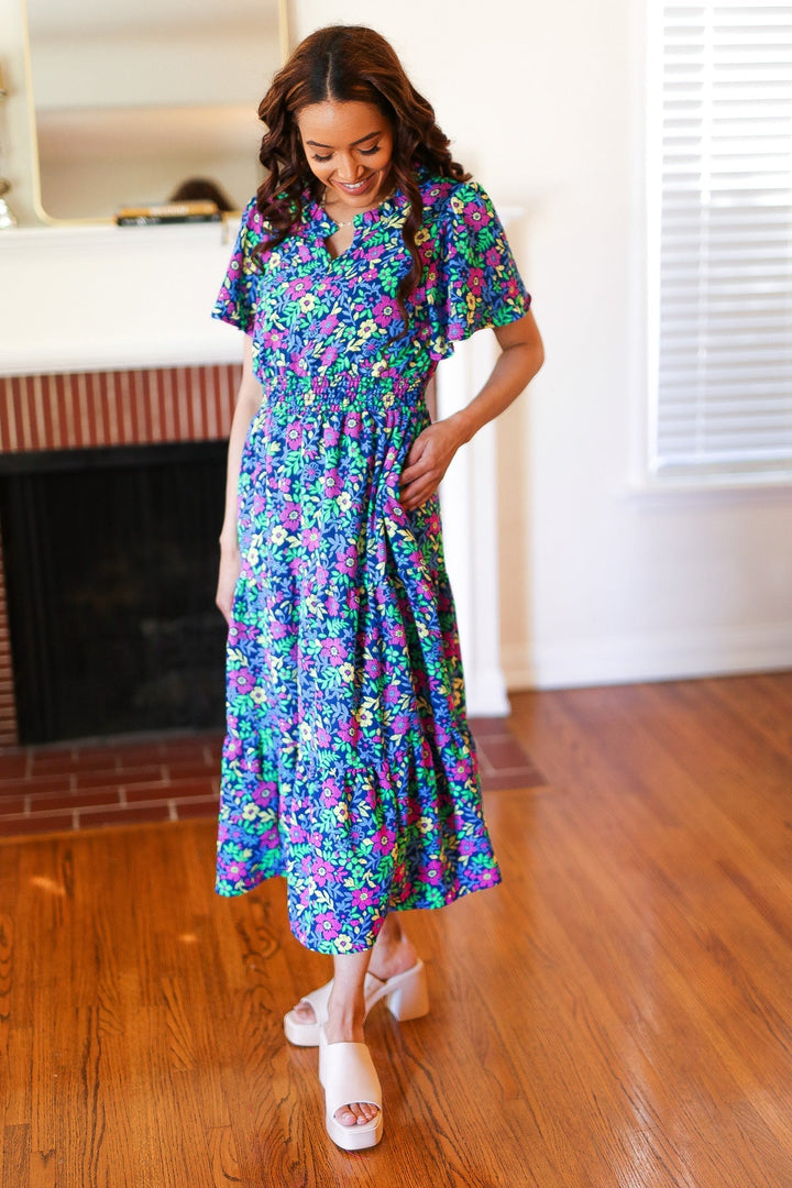 Eyes On You Navy Neon Floral Smocked Waist Maxi Dress-The Bee Chic Boutique-[option4]-[option5]-[option6]-[option7]-[option8]-Shop-Boutique-Clothing-for-Women-Online