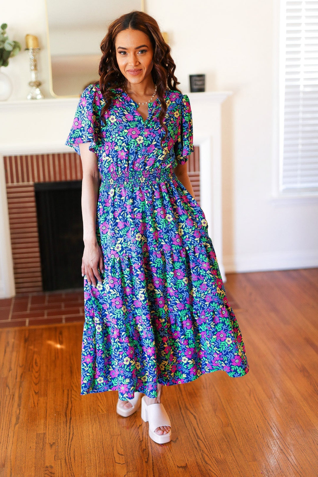 Eyes On You Navy Neon Floral Smocked Waist Maxi Dress-The Bee Chic Boutique-[option4]-[option5]-[option6]-[option7]-[option8]-Shop-Boutique-Clothing-for-Women-Online