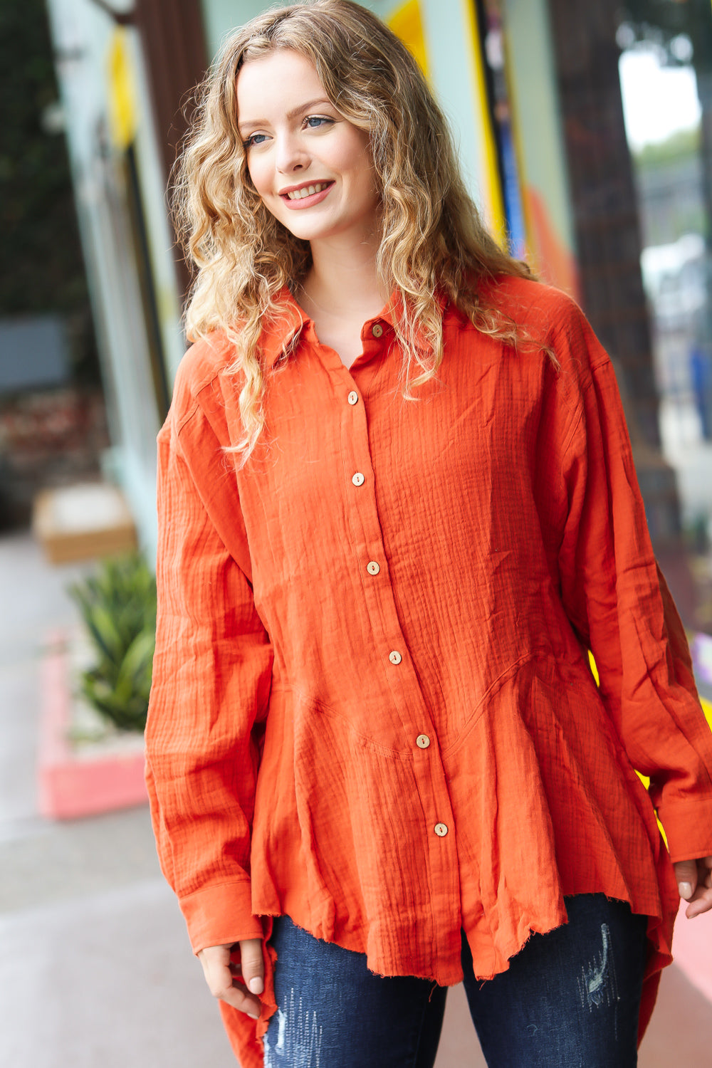 Haptics Feeling Bold Rust Button Down Sharkbite Cotton Tunic Top-Haptics-[option4]-[option5]-[option6]-[option7]-[option8]-Shop-Boutique-Clothing-for-Women-Online