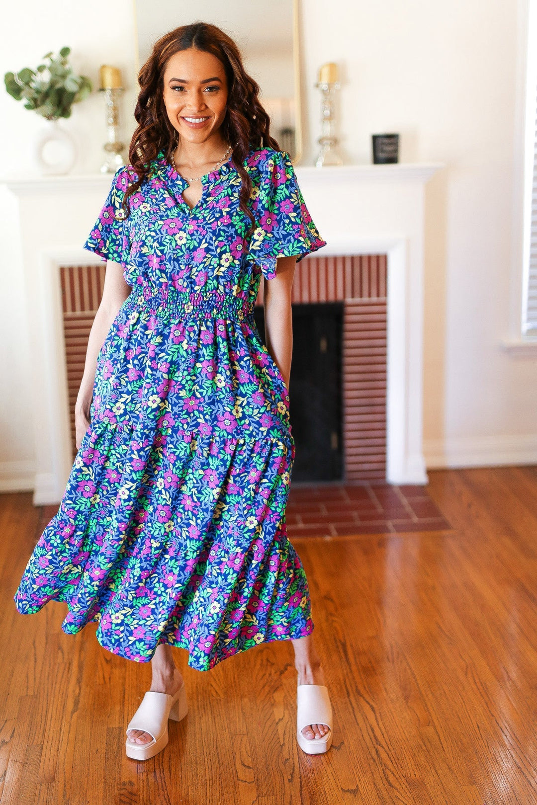 Eyes On You Navy Neon Floral Smocked Waist Maxi Dress-The Bee Chic Boutique-[option4]-[option5]-[option6]-[option7]-[option8]-Shop-Boutique-Clothing-for-Women-Online