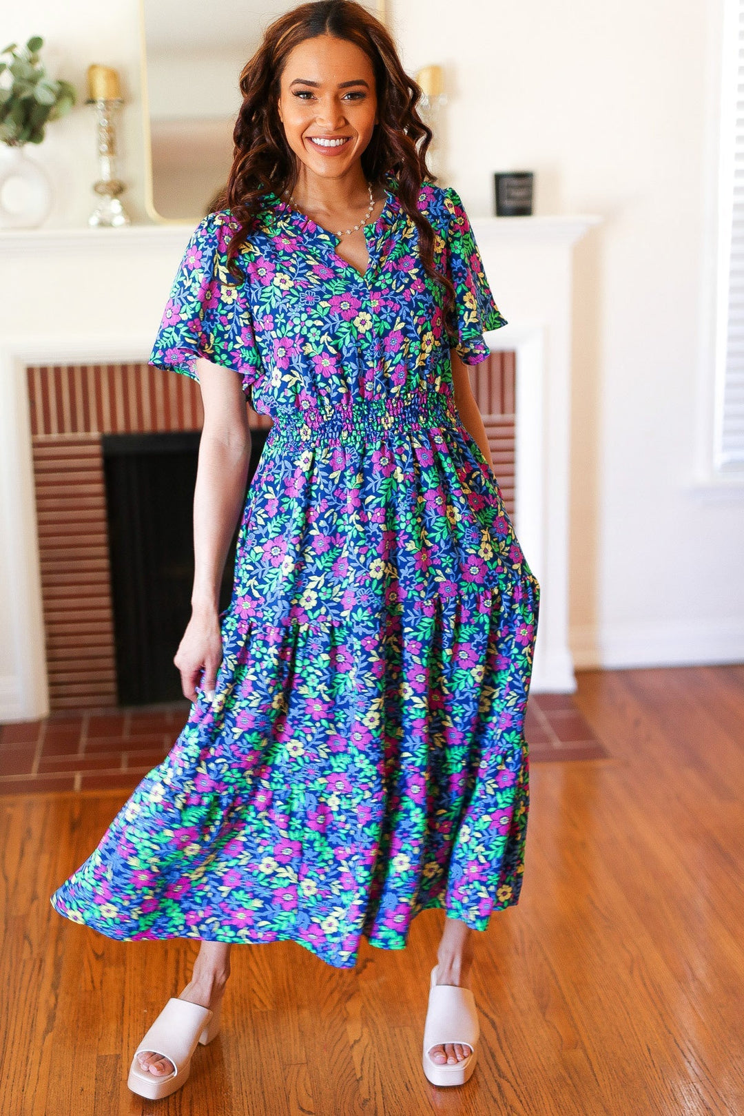 Eyes On You Navy Neon Floral Smocked Waist Maxi Dress-The Bee Chic Boutique-[option4]-[option5]-[option6]-[option7]-[option8]-Shop-Boutique-Clothing-for-Women-Online