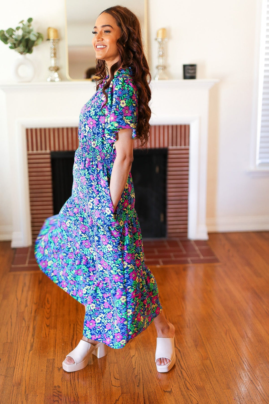 Eyes On You Navy Neon Floral Smocked Waist Maxi Dress-The Bee Chic Boutique-[option4]-[option5]-[option6]-[option7]-[option8]-Shop-Boutique-Clothing-for-Women-Online