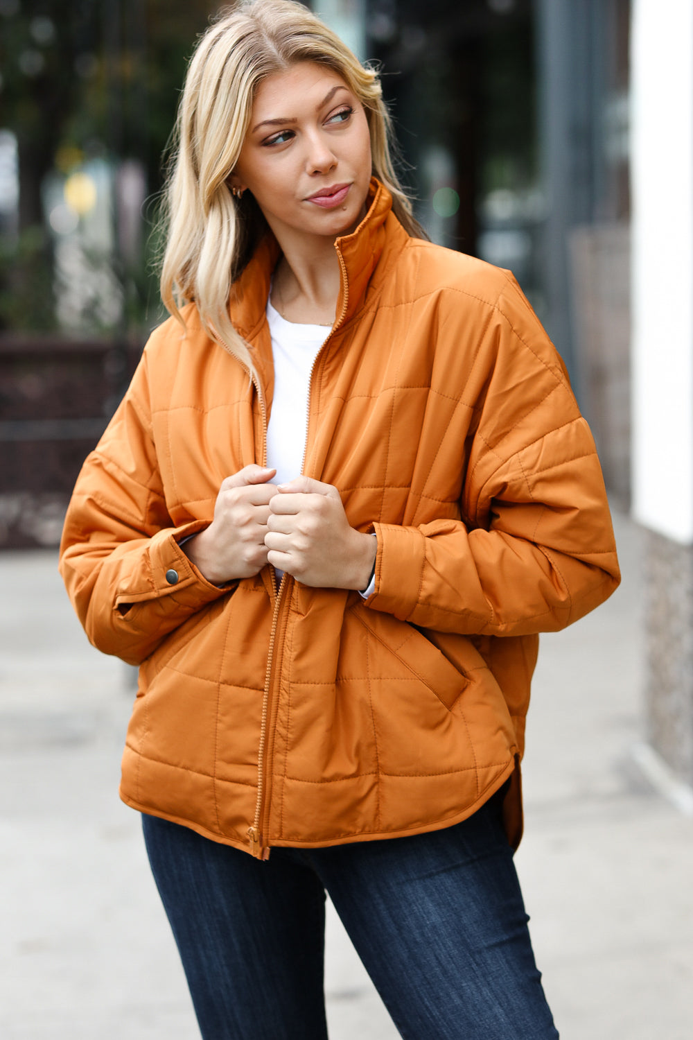 Eyes On You Butterscotch Quilted Puffer Jacket-Bloom 2023 Winter Sale-[option4]-[option5]-[option6]-[option7]-[option8]-Shop-Boutique-Clothing-for-Women-Online