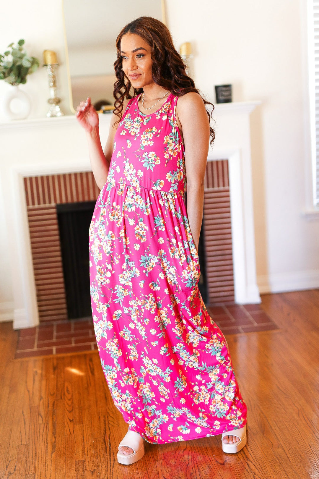 Pink Floral Print Fit and Flare Sleeveless Maxi Dress-Haptics-[option4]-[option5]-[option6]-[option7]-[option8]-Shop-Boutique-Clothing-for-Women-Online