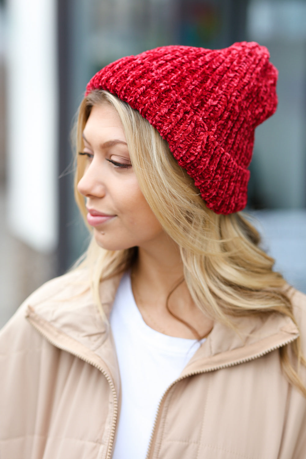 Cranberry Knit Velvet Chenille Fold Over Beanie-Bloom 2023 Winter Sale-One Size Fits All-[option4]-[option5]-[option6]-[option7]-[option8]-Shop-Boutique-Clothing-for-Women-Online