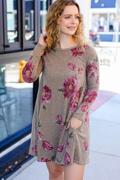 True Love Taupe & French Rose Floral Print Long Sleeve Dress-Beeson River-[option4]-[option5]-[option6]-[option7]-[option8]-Shop-Boutique-Clothing-for-Women-Online