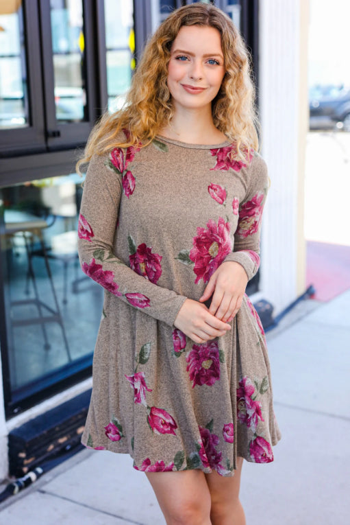 True Love Taupe & French Rose Floral Print Long Sleeve Dress-Beeson River-[option4]-[option5]-[option6]-[option7]-[option8]-Shop-Boutique-Clothing-for-Women-Online