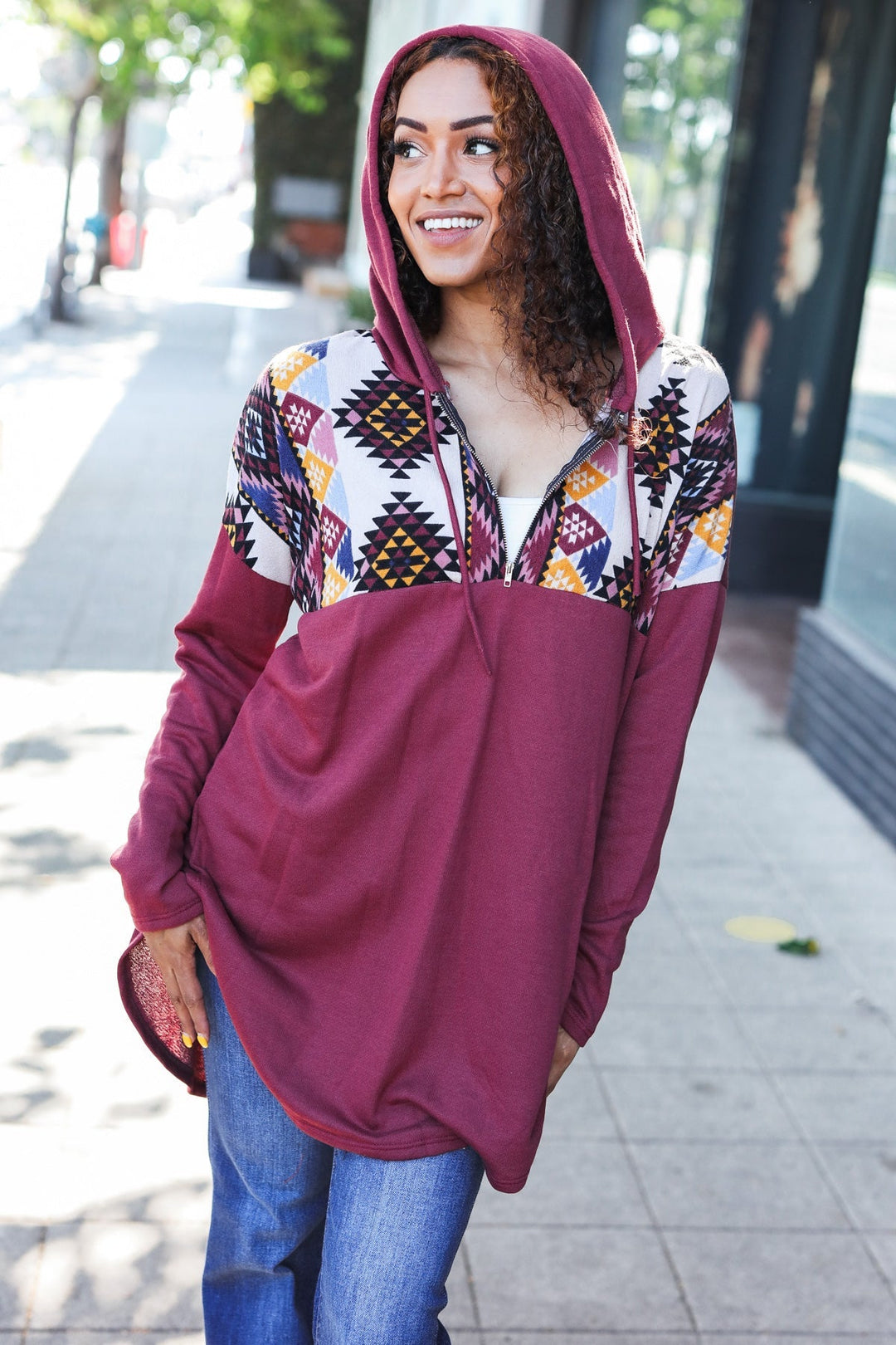 Stand Out Burgundy Tribal Print Half Zip Longline Hoodie-Beeson River-[option4]-[option5]-[option6]-[option7]-[option8]-Shop-Boutique-Clothing-for-Women-Online