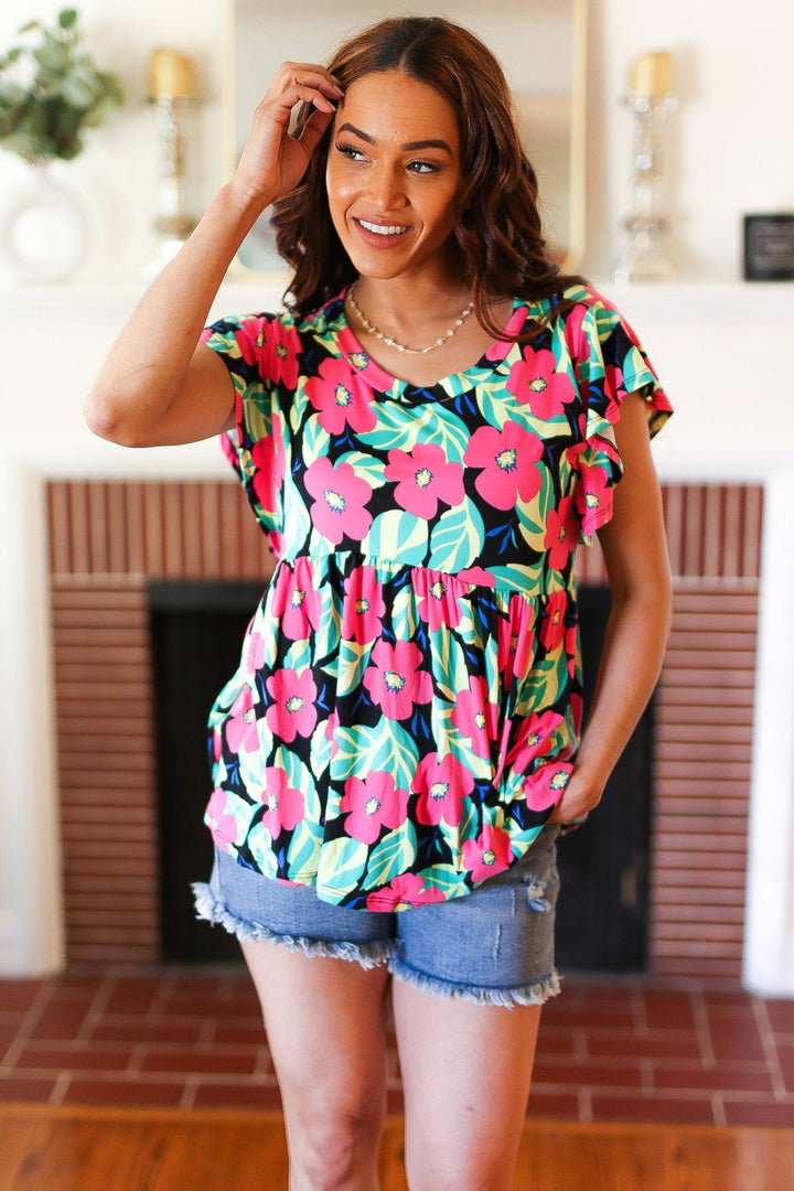 Black & Pink Floral Ruffle Short Sleeve Babydoll Top-Haptics-[option4]-[option5]-[option6]-[option7]-[option8]-Shop-Boutique-Clothing-for-Women-Online