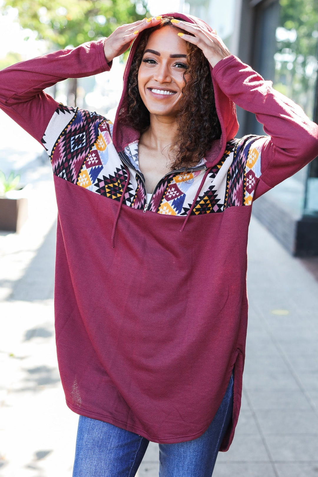 Stand Out Burgundy Tribal Print Half Zip Longline Hoodie-Beeson River-[option4]-[option5]-[option6]-[option7]-[option8]-Shop-Boutique-Clothing-for-Women-Online