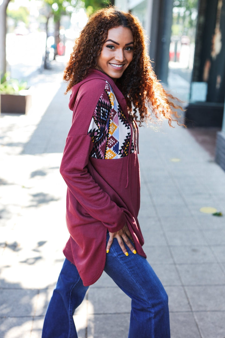 Stand Out Burgundy Tribal Print Half Zip Longline Hoodie-Beeson River-[option4]-[option5]-[option6]-[option7]-[option8]-Shop-Boutique-Clothing-for-Women-Online