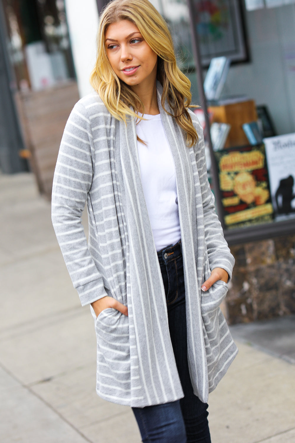 Grey Striped Hacci Open Cardigan-VIAMOR-[option4]-[option5]-[option6]-[option7]-[option8]-Shop-Boutique-Clothing-for-Women-Online