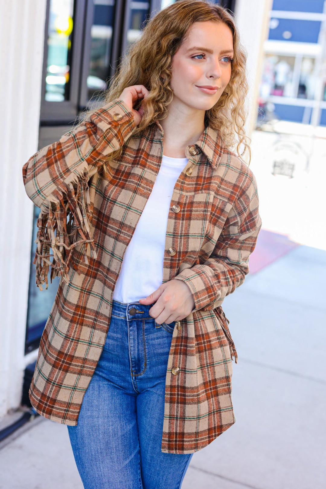 Boldly You Taupe & Rust Flannel Plaid Fringe Jacket-Haptics-[option4]-[option5]-[option6]-[option7]-[option8]-Shop-Boutique-Clothing-for-Women-Online