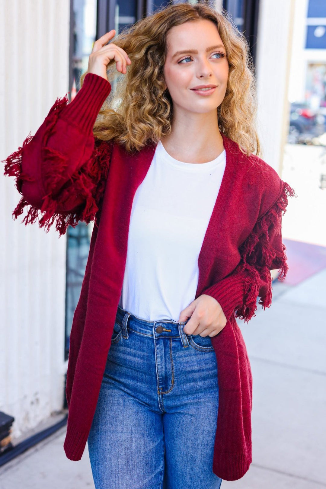 Beautiful You Burgundy Fringe Detail Knit Cardigan-BIBI-[option4]-[option5]-[option6]-[option7]-[option8]-Shop-Boutique-Clothing-for-Women-Online