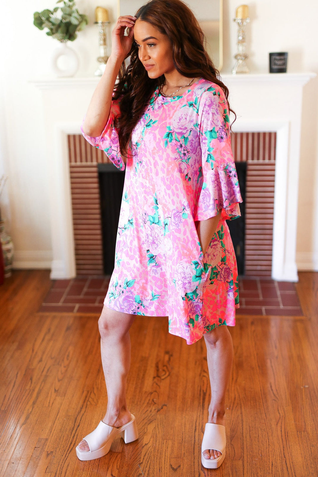 Pink Floral & Animal Print Bell Sleeve Dress-Hayzel-[option4]-[option5]-[option6]-[option7]-[option8]-Shop-Boutique-Clothing-for-Women-Online