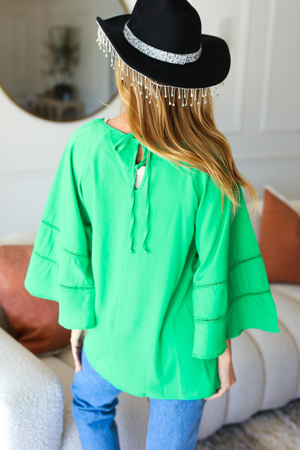 Joyful Green Crepe Back Tie Strap Crochet Bell Sleeve Blouse-Haptics-[option4]-[option5]-[option6]-[option7]-[option8]-Shop-Boutique-Clothing-for-Women-Online