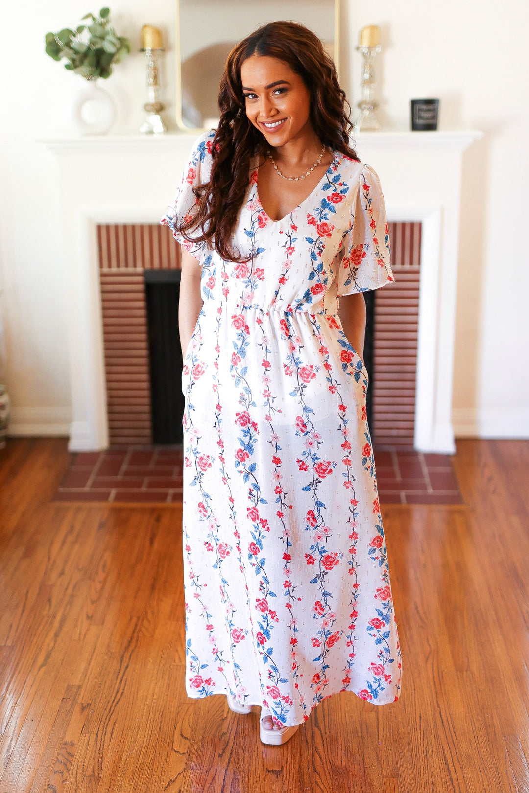 Red/Blue Floral Swiss Dot Chiffon Foil Maxi Dress-Haptics-[option4]-[option5]-[option6]-[option7]-[option8]-Shop-Boutique-Clothing-for-Women-Online