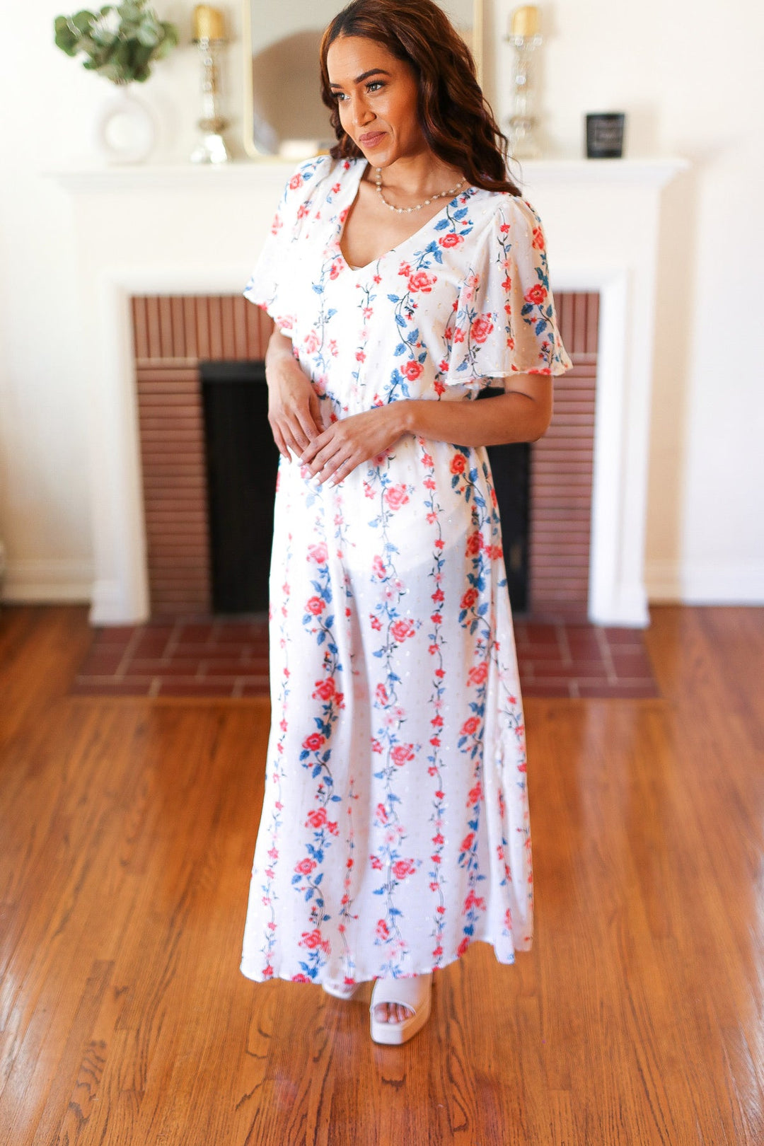 Red/Blue Floral Swiss Dot Chiffon Foil Maxi Dress-Haptics-[option4]-[option5]-[option6]-[option7]-[option8]-Shop-Boutique-Clothing-for-Women-Online