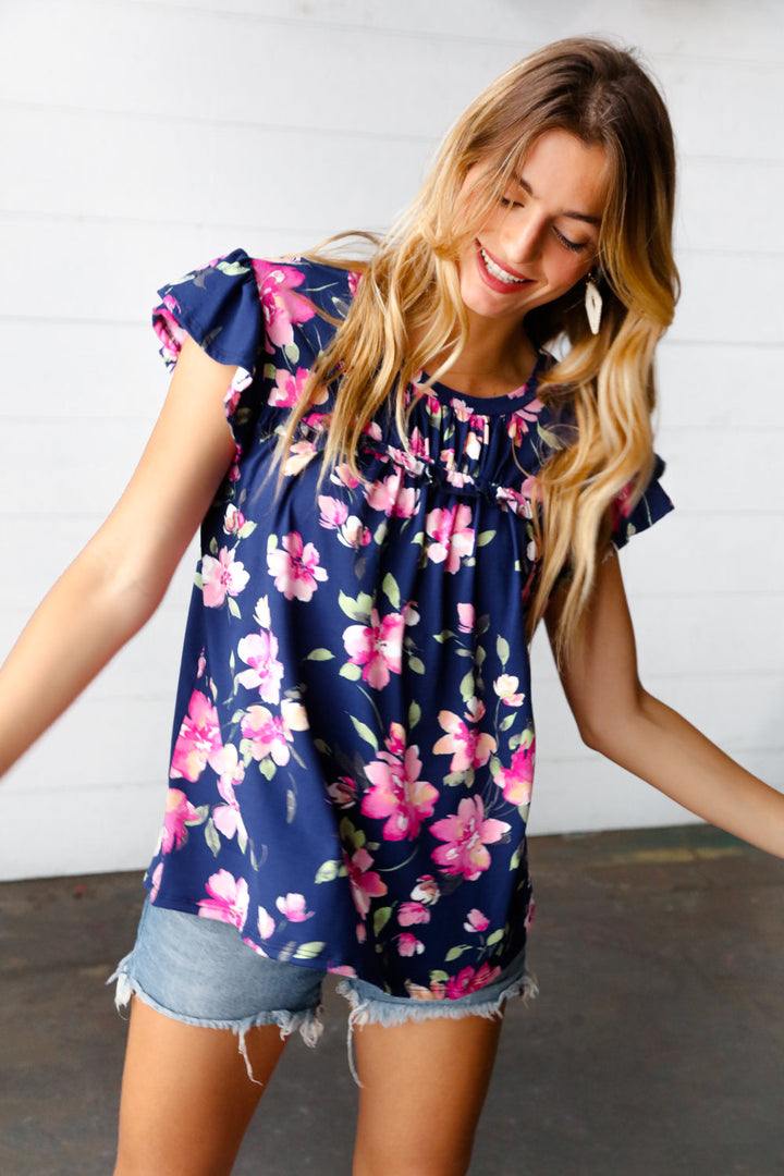 Haptics Navy & Pink Floral Print Frilled Short Sleeve Yoke Top-Haptics-[option4]-[option5]-[option6]-[option7]-[option8]-Shop-Boutique-Clothing-for-Women-Online