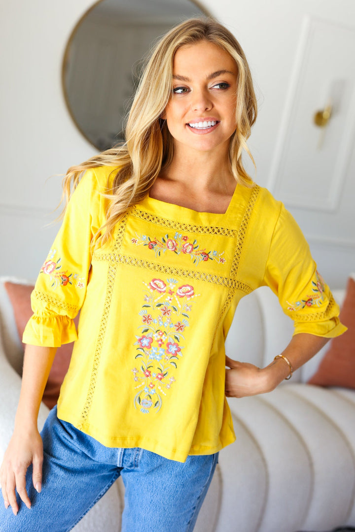 Keep You Close Yellow Floral Embroidery Square Neck Blouse-Liv Los Angeles-[option4]-[option5]-[option6]-[option7]-[option8]-Shop-Boutique-Clothing-for-Women-Online