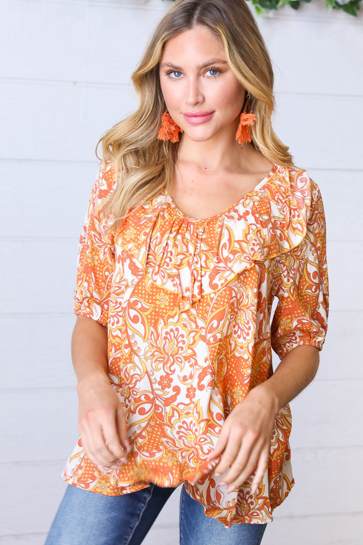 Sunset Orange Boho Ruffle Woven Top-Sugarfox-[option4]-[option5]-[option6]-[option7]-[option8]-Shop-Boutique-Clothing-for-Women-Online