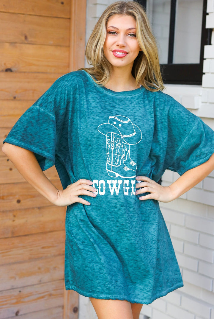 Emerald Cotton Blend COWGIRL Graphic Long Tee-Peach Love-[option4]-[option5]-[option6]-[option7]-[option8]-Shop-Boutique-Clothing-for-Women-Online