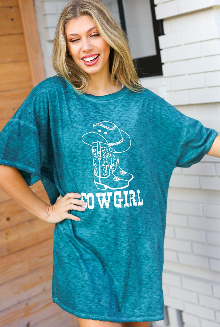 Emerald Cotton Blend COWGIRL Graphic Long Tee-Peach Love-[option4]-[option5]-[option6]-[option7]-[option8]-Shop-Boutique-Clothing-for-Women-Online