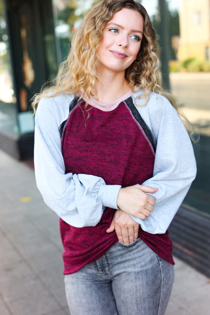 Autumn Vibes Grey & Burgundy Color Block Raglan Sweater-Beeson River-[option4]-[option5]-[option6]-[option7]-[option8]-Shop-Boutique-Clothing-for-Women-Online