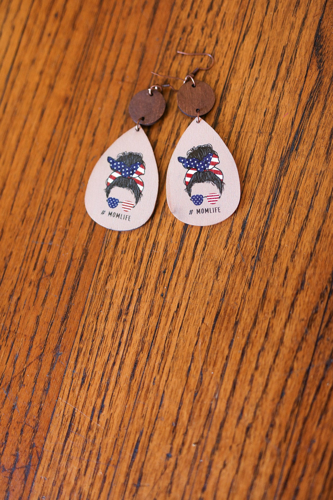 USA Flag "#MOMLIFE" Wooden Dangle Earrings-ICON-One Size Fits All-[option4]-[option5]-[option6]-[option7]-[option8]-Shop-Boutique-Clothing-for-Women-Online