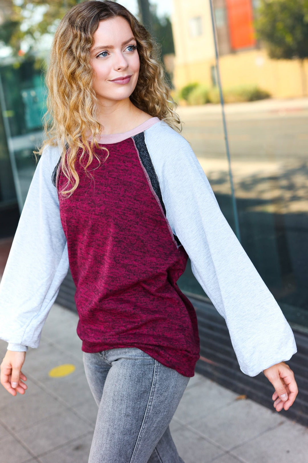 Autumn Vibes Grey & Burgundy Color Block Raglan Sweater-Beeson River-[option4]-[option5]-[option6]-[option7]-[option8]-Shop-Boutique-Clothing-for-Women-Online