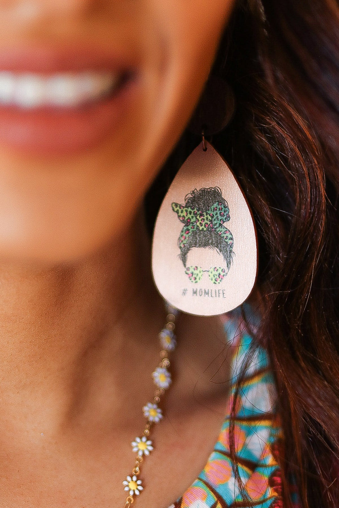 Green Cheetah "#MOMLIFE" Wooden Dangle Earrings-ICON-One Size Fits All-[option4]-[option5]-[option6]-[option7]-[option8]-Shop-Boutique-Clothing-for-Women-Online